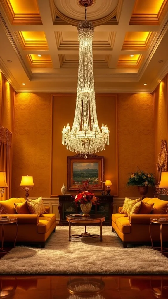 **Alt Text:**A majestic luxury living room showcasing the concept of using a single, oversized sculptural lighting fixture to anchor the space, as seen in the file "The Statement Lighting Focal Point.webp". A massive, multi-tiered crystal chandelier hangs as the crown jewel from a deeply recessed, golden-lit coffered ceiling. Below, two elegant golden-orange velvet sofas face each other symmetrically on a plush white shag rug, surrounding a dark wood coffee table. The warm, layered lighting setup is completed by matching table lamps that cast a soft glow against the rich amber-toned walls and framed artwork in the background.