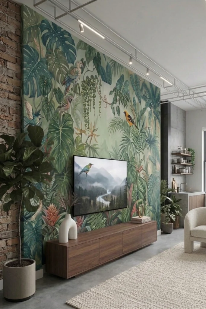 A contemporary living room featuring a vibrant, large-scale botanical jungle mural with tropical leaves and colorful birds behind a wall-mounted television and a long wooden media console.