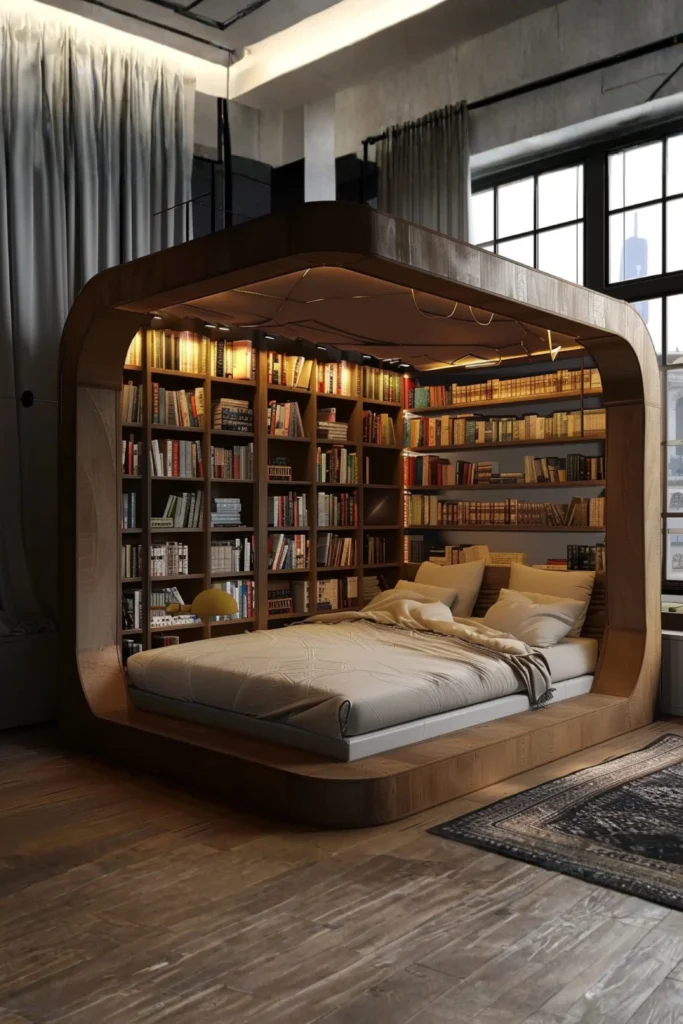 A stunning, modern bedroom design showcasing an immersive accent wall library behind the bed. The bed is uniquely framed inside a massive, curved wooden structure that seamlessly flows into built-in bookshelves wrapping around the headboard area. Warm, integrated ambient lighting illuminates rows of neatly arranged books, creating a moody and intellectual vibe that is perfect for late-night readers.