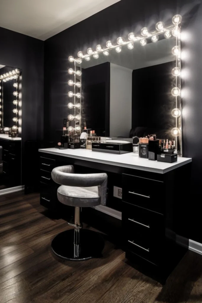 A luxurious and moody vanity station showcasing beauty room ideas salon at home black style. The setup features a sleek matte black vanity table with clean lines, paired with a matching black chair. The desk is organized with black makeup brush holders, perfume bottles, and skincare products. A large, bright arched Hollywood LED vanity mirror provides soft, brilliant lighting against the dark accent wall.