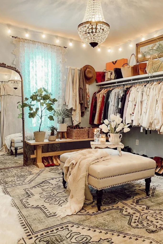 A bright, eclectically styled dressing space that acts as a Bohemian Zen room type sanctuary for a peaceful dressing experience. The room features long hanging garment rails filled with organized white and multi-colored clothing on uniform hangers, beneath a top shelf displaying various designer handbags. Warm string lights and a crystal chandelier illuminate the space, casting a soft glow over a low-lying wooden bench styled with potted plants, woven baskets, and a large arched floor mirror. In the center, a tufted cream storage ottoman draped with a textured blanket sits on a large, intricately patterned vintage area rug.