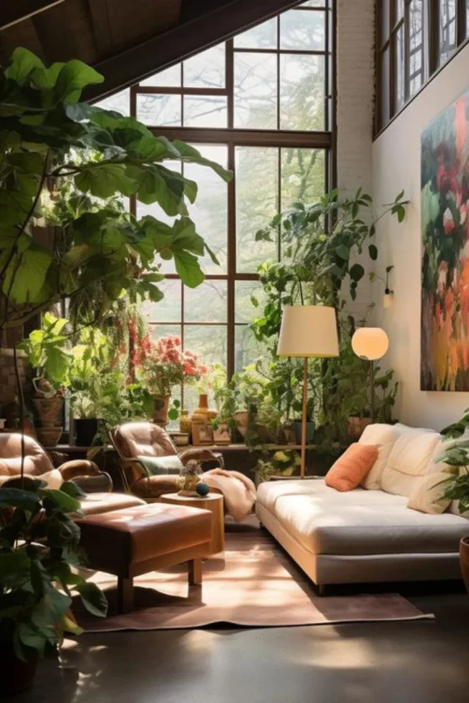 A bright loft living room featuring a modern interior design packed with fresh botanical plants, massive industrial windows, a cream sofa, and cozy leather accent chairs.