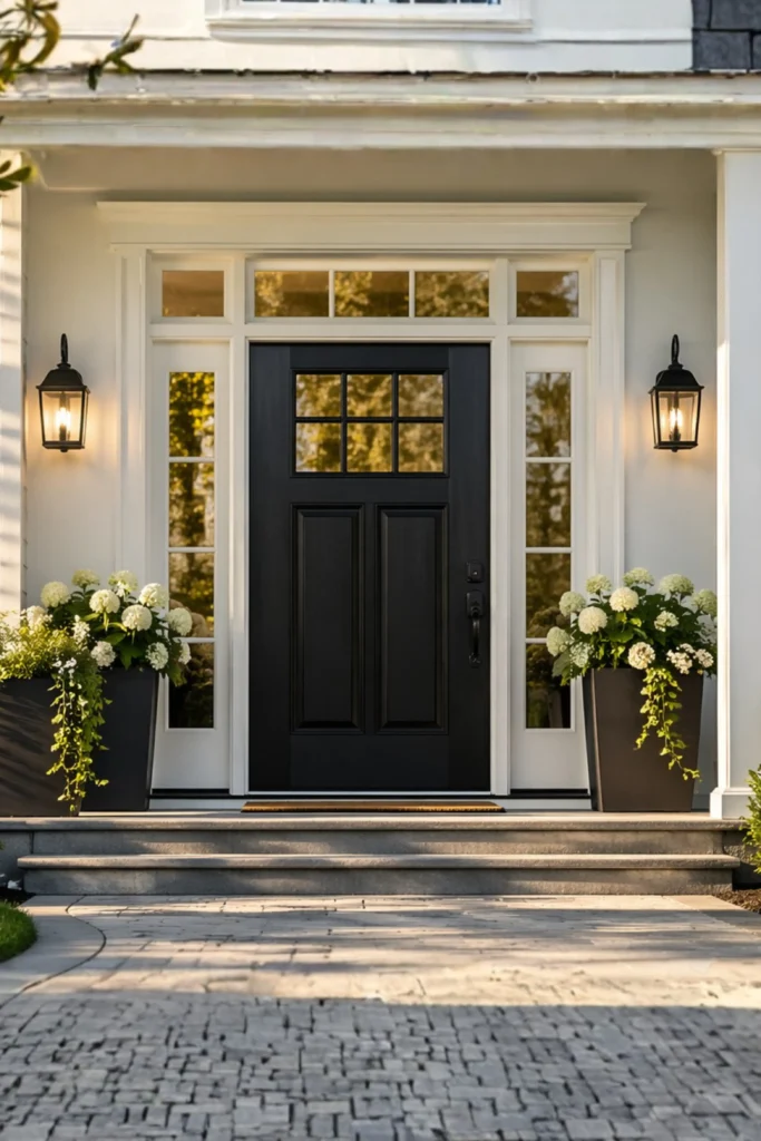 A beautifully illuminated and secure front porch featuring a strong black front door with small glass window panes. The entryway is brightened by two elegant black lantern wall fixtures flanking the door, casting a warm protective light. The white trim, sidelight windows, and stone steps are perfectly lit, with two large dark planters filled with white hydrangeas, ensuring the home is automatically bathed in welcoming light so intruders feel exposed.