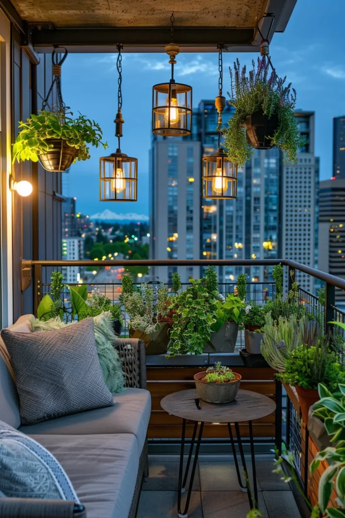 A cozy apartment balcony decorated with lush green plants and hanging botanical baskets. The setup features a small gray outdoor sofa with textured throw pillows, a round side table with a small planter, and multiple hanging black cage lantern lights casting a warm glow, creating a beautiful garden sanctuary overlooking a city skyline at dusk.