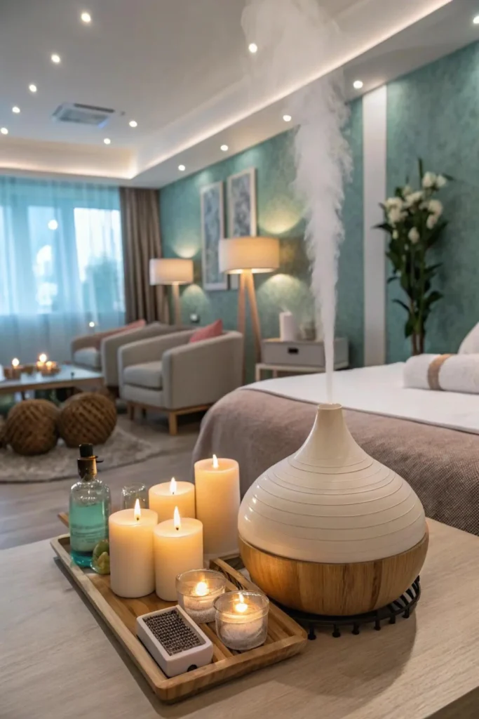 Calming Spa Aromatherapy setup in a luxurious hotel bedroom or wellness lounge. In the foreground, an elegant wooden tray holds an essential oil diffuser with a wooden base emitting a steady stream of mist for effective scent zoning, surrounded by burning aesthetic candles of various sizes and a glass bottle. The background opens up to a beautifully lit relaxation space featuring a neatly made bed with white towels, plush beige armchairs, floor lamps, and textured teal accent walls.