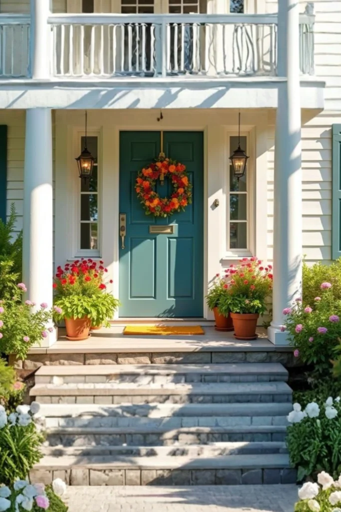A well-maintained and stylish residential entryway showcasing a strong paneled teal front door adorned with a vibrant orange and red floral autumn wreath. The door is flanked by two narrow glass sidelight windows with white frames and traditional hanging black lantern lights, demonstrating the essential tips for maintaining glass front doors. The clear glass seals and vibrant potted flowers on the wooden porch steps highlight how proper care keeps an entryway structurally sound against harsh weather.