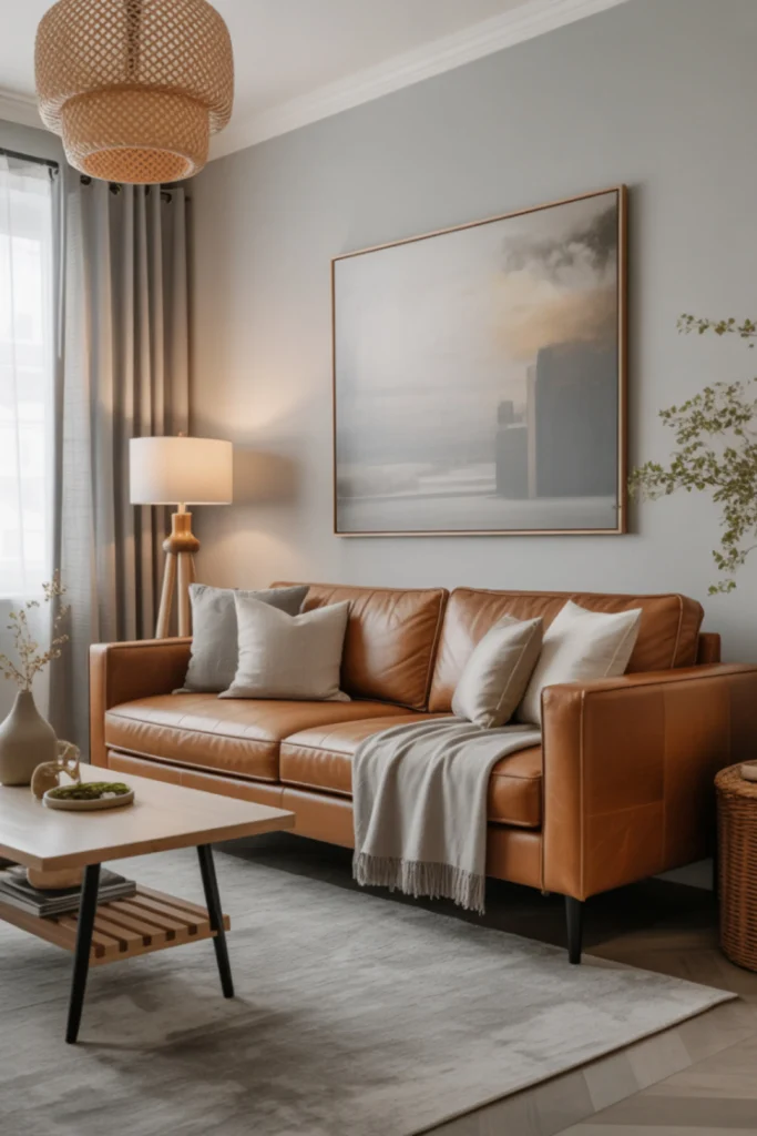Cozy living room featuring a warm tan leather sofa with grey pillows, styled against a soft grey wall with a large framed art print, a woven rattan pendant light, and a light grey area rug.