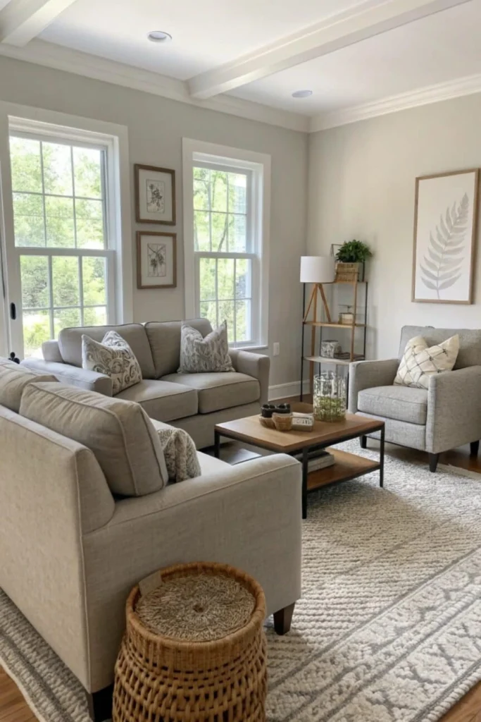 A cozy and sophisticated living room with walls painted in an elegant, soft greige color that bridges gray and beige. The bright space features a light beige sofa and love seat, a matching accent armchair, and a wooden coffee table resting on a textured cream and gray area rug. Natural light pours in through two large windows, perfectly highlighting how this adaptive shade works with linen textures and warm wood tones for fresh update living room ideas paint colors