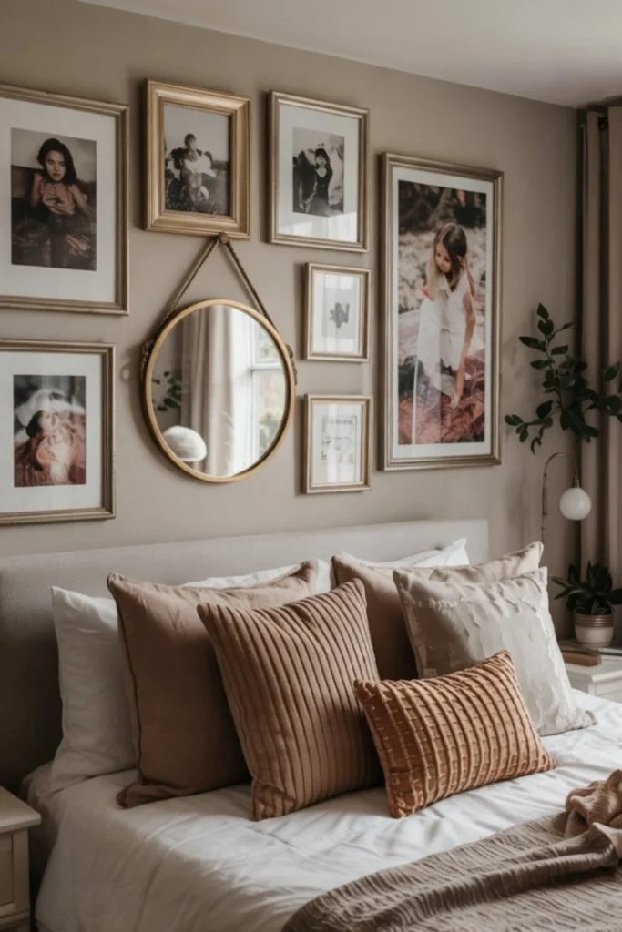 Curated Gallery Walls styled beautifully over a cozy bed to eliminate blank walls that can make a room feel cold and incomplete. The image features an elegant arrangement of mismatched gold-framed art prints, portrait photography, and small sketches surrounding a circular hanging wall mirror with a rope strap. Below the gallery wall, a beige tufted headboard is decorated with layered neutral pillows in cream, taupe, and textured terracotta tones.
