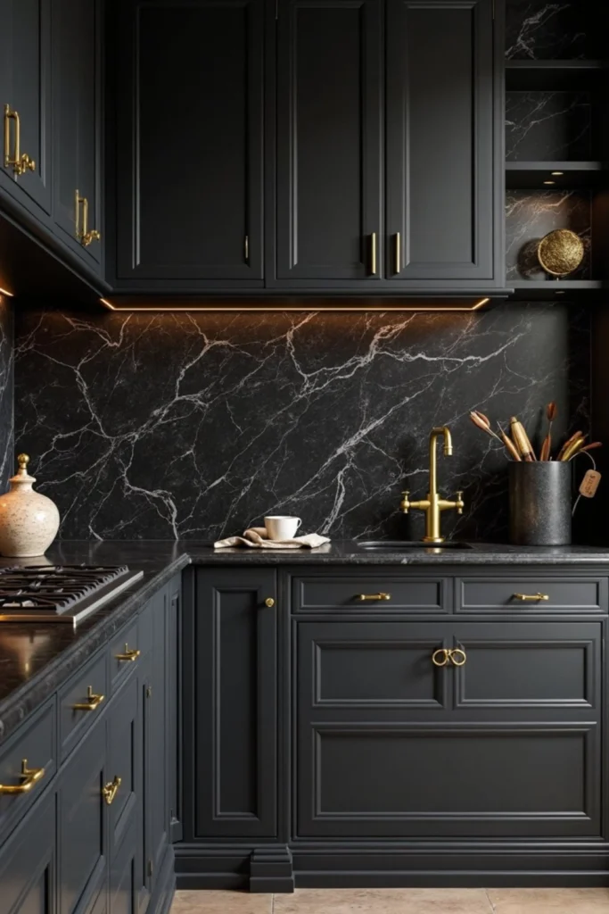 An ultra-sophisticated kitchen featuring the dark and dramatic backsplashes trend. The space showcases a moody and intimate vibe with matte black cabinets accented by bright brass or gold hardware and plumbing fixtures. A full-height natural stone backsplash and matching countertops in deep charcoal gray feature bold, organic white marble veining. Brilliant under-cabinet LED strip lighting illuminates the workspace, highlighting a beautiful play on light across the luxurious setup.