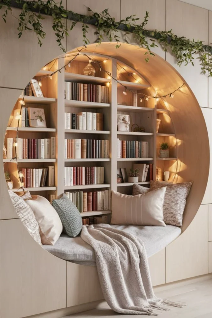A close-up view of a unique circular built-in reading alcove cut into a light wood wall, illuminated by warm fairy lights and filled with full bookshelves, plush neutral cushions, and a fringed blanket. Believe it or not, some of the best modern interior design trends are starting in the virtual world. If you look up trending winter living room bloxburg builds, you will see how popular it is to create a cozy escape zone just like the stunning built-in layout featured in Dedicated Reading Nooks