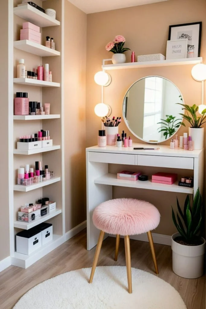 Dedicated Vanity Corners showcasing inspiring womens room lady cave decorating ideas. The image features a sleek white vanity desk with a round illuminated Hollywood mirror flanked by glowing globe bulbs. Acrylic makeup organizers and cosmetic bottles are arranged neatly on the desk and on an adjacent built-in vertical shelving unit. A plush round pink faux-fur vanity stool with gold legs sits on a white circular rug, with a potted snake plant adding a natural touch.