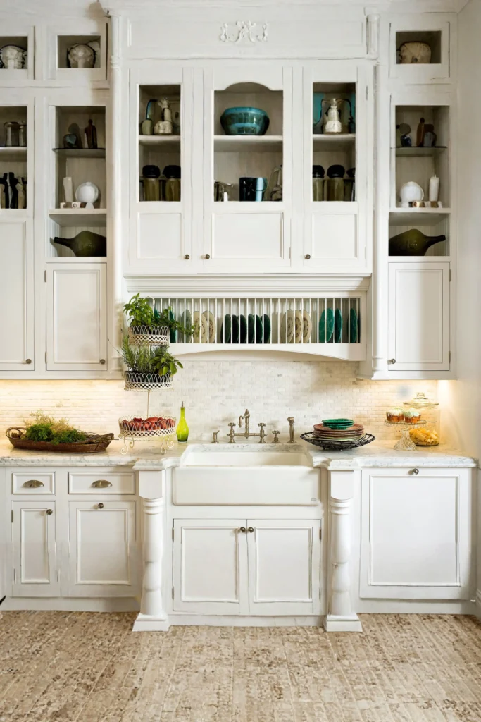 An elegant cottage-style white kitchen showcasing kitchen backsplash ideas white cabinets 2026 trends. The setup features traditional white cabinets with glass inserts, a farmhouse apron sink, a textured neutral stone tile backsplash under warm lighting, and a veined marble countertop. This blank canvas style breaks up the monotony beautifully with soft neutral tones, perfect for luxury home renovation inspiration.