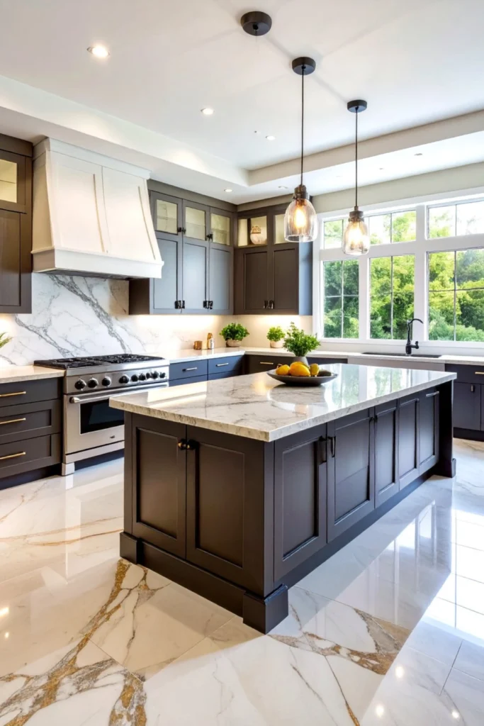 A luxury open-concept kitchen highlighting a seamless backsplash trends kitchen look with a heavily veined white and gray marble slab extending straight up the wall behind a professional stainless steel stove and white range hood. The kitchen features dark espresso perimeter cabinets and a large central kitchen island with matching marble countertops, illuminated by elegant glass pendant lights. The luxury look is completed with a highly polished marble floor reflecting natural light from a large window.