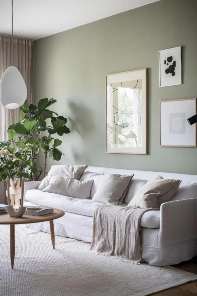 A serene, minimalist living room featuring a focal wall painted in a soft sage green organic neutral tone. A comfortable white linen sofa with neutral throw pillows and a beige textured blanket sits on a large cream area rug, paired with a round wooden coffee table. Minimalist framed artwork hangs on the green wall, complemented by a large fiddle-leaf fig houseplant that brings nature indoors, showcasing beautiful living room paint colors ideas.