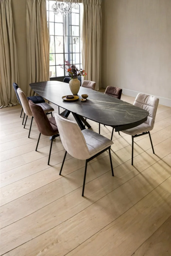 A modern dining room setup showcasing a sleek, dark marble extendable dining table with an oval shape, paired with an assortment of mixed-texture velvet dining chairs in cream, brown, and navy tones. The table is decorated with a minimalist ceramic vase with flowers, set against a background of large grid windows and flowing neutral drapes, illustrating fresh new furniture ideas home decor layouts.