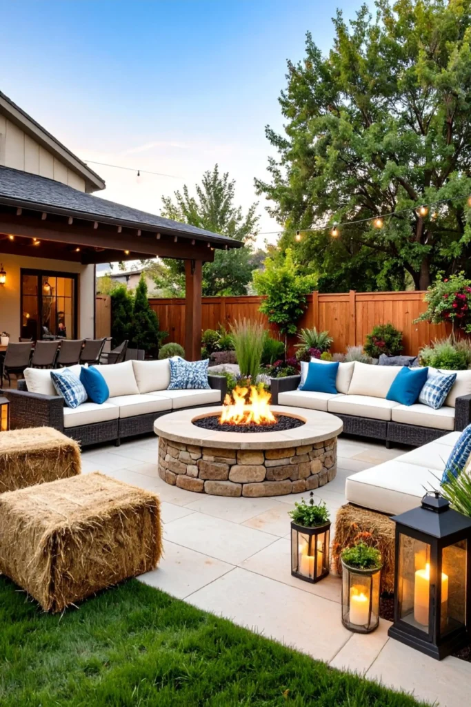 An upscale backyard stone patio centered around a large round stone fire pit with a roaring flame, surrounded by comfortable white outdoor sectional sofas with blue pillows, hay bales, and decorative candle lanterns under string lights.