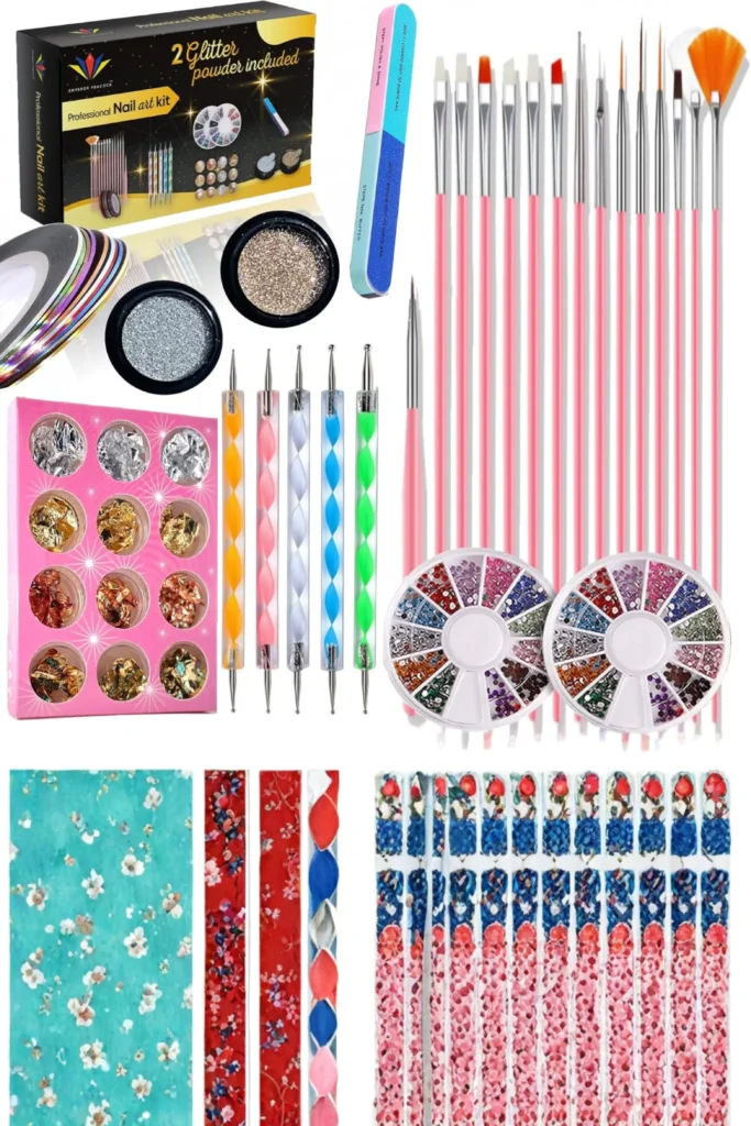 A comprehensive professional nail art kit layout displaying metallic transfer sheets, multi-colored striping tapes, chrome glitters, fine liner brushes, dotting tools, and rhinestone wheels. This product arrangement highlights creative nail accessories design ideas to help trend collectors gather their supplies before organizing them neatly into dedicated storage albums.