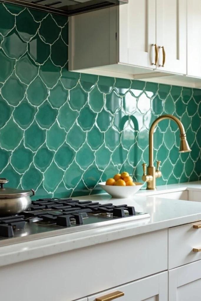 A bright kitchen design showcasing a geometric and picket tiles trend with a stunning arch and scale shapes backsplash. The wall features glossy, emerald green arabesque or curved fan-shaped ceramic tiles with contrasting white grout lines that bring fun energy into the space. The look is completed with clean white cabinets, a bright white countertop, a gas stove range, and elegant brushed gold or brass plumbing fixtures and hardware.