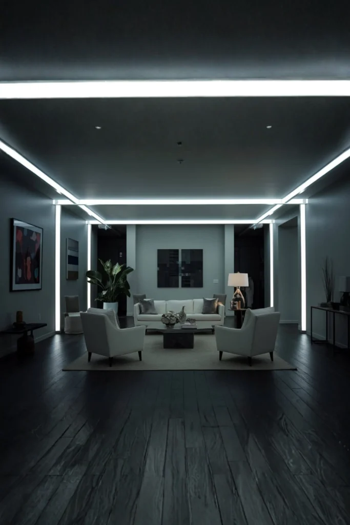 A modern living room illuminated by harsh, cold white linear LED ceiling lighting that creates a sterile atmosphere over white armchairs, a central sofa, and dark wood flooring.