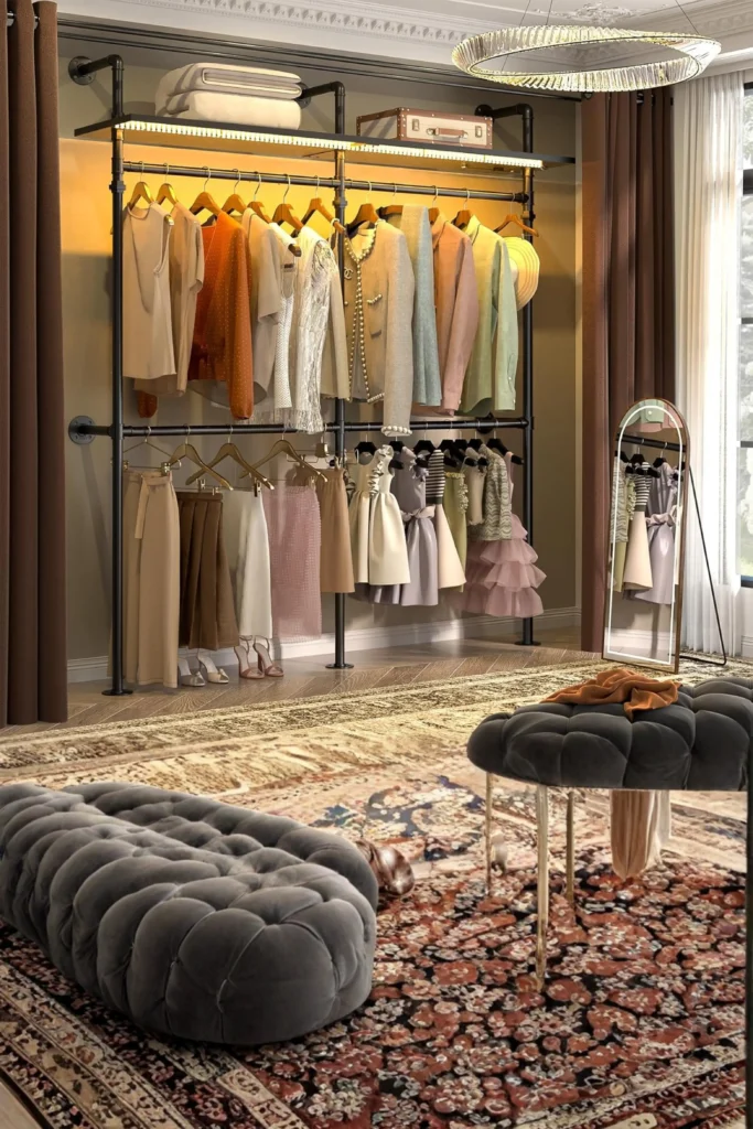 An elegant dressing room displaying an open-concept industrial loft minimalist room design type. The space features black wall-mounted iron pipes used as structural clothing racks with built-in overhead warm strip lighting. The upper and lower hanging racks hold organized women's clothing, including jackets, blouses, and skirts on uniform golden hangers. In the foreground, two luxurious gray tufted velvet stools rest on a highly detailed, large vintage-style oriental area rug next to a thin arched floor mirror that reflects the wardrobe display.