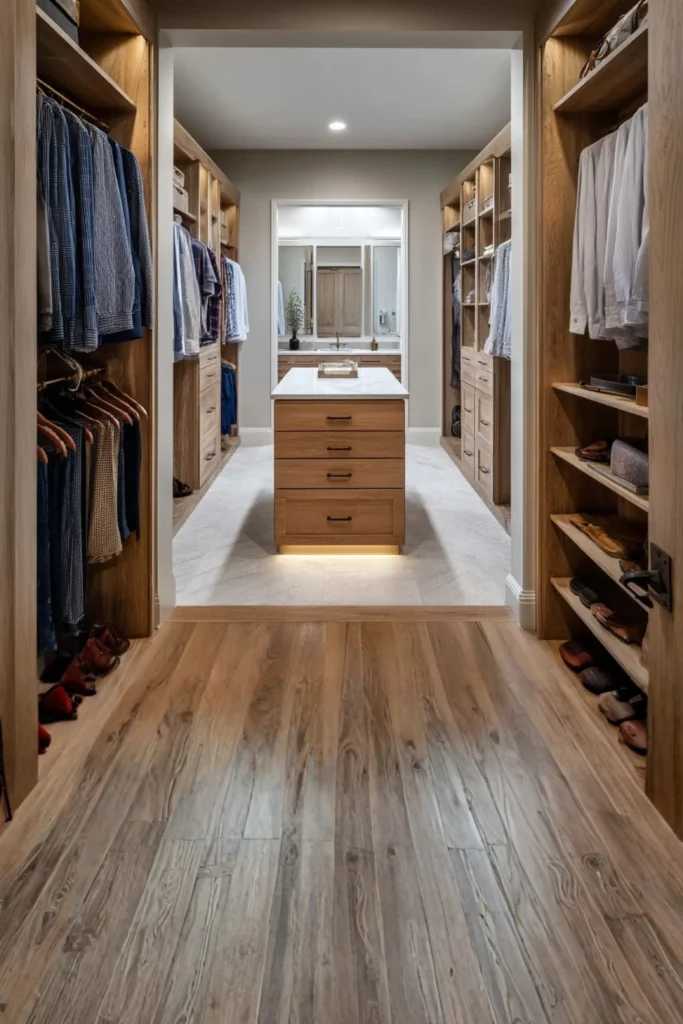 A luxurious walk-in closet entryway highlighting clever options for minimalist clothing storage. The perspective looks down a warm hardwood floor corridor into a large dressing room lined with custom floor-to-ceiling wooden built-in wardrobe systems. The open and organized shelving reveals neatly hung shirts, folded garments, and shoes, leading the eye to a central wooden storage island with a white marble top and built-in drawers under glowing, integrated LED accent lighting.