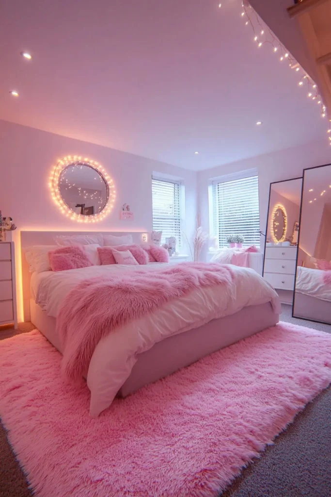 Layered Aesthetic Bedding in a cozy pink-themed bedroom showcasing premium womens room decor. The setup features a neatly made bed with white linens layered with multiple fluffy pink accent pillows and a matching plush pink faux fur throw blanket draped across the foot of the bed. The room is decorated with a large pink shaggy area rug, full-length floor mirrors, and warm string fairy lights glowing around a circular wall mirror above the headboard.