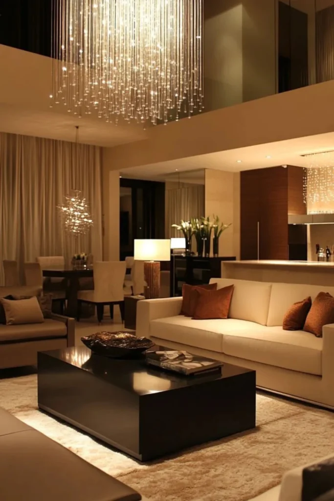 A luxury living room showcasing a warm layered lighting strategy, featuring a massive cascading crystal chandelier, a soft ambient table lamp, a cream sofa, and a modern black coffee table.