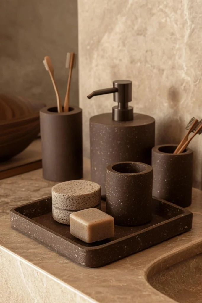 A minimalist bathroom vanity featuring dark brown, speckled stone vanity accessories arranged elegantly on a matching stone counter, showing how you can hide away everyday essentials like cotton balls, makeup pads, and swabs inside small marble jars with lids. The collection includes a tall cylinder tumbler holding wooden toothbrushes, a matching liquid soap dispenser with a matte dark pump, and a square tray holding a bar of soap, an open cup canister, and stacked round lidded containers. These detail canisters keep your essentials completely sterile and dust-free while ensuring your vanity surface looks clean, polished, and entirely sophisticated.