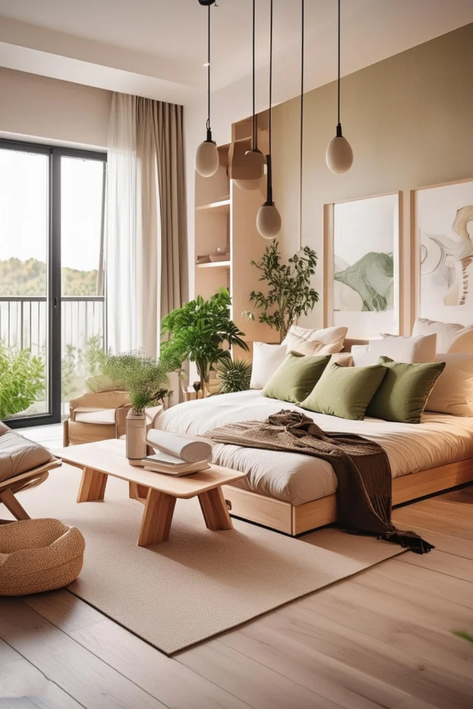 A bright modern studio apartment layout showing smart zoning techniques. In the foreground, a low wooden coffee table sits on a large, neutral textured area rug that defines the living room zone. Right behind it, a platform bed with crisp white linens and olive green accent pillows is placed seamlessly into the layout, separating the sleep area from the lounge space using clever visual cues without actual walls.