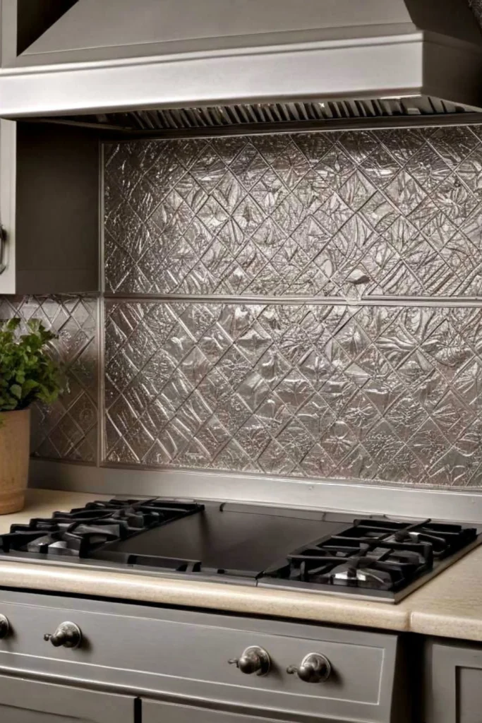 A kitchen space showcasing the metallic and pressed tin accents trend behind a built-in gas stovetop cooking range. The backsplash features intricate vintage-inspired embossed pressed tin panels with a detailed diamond and floral tile pattern, topped by a sleek stainless steel or pewter range hood. The silver-toned metallic surface adds a rustic texture and industrial chic flair to the surrounding gray cabinets and light cream countertops.