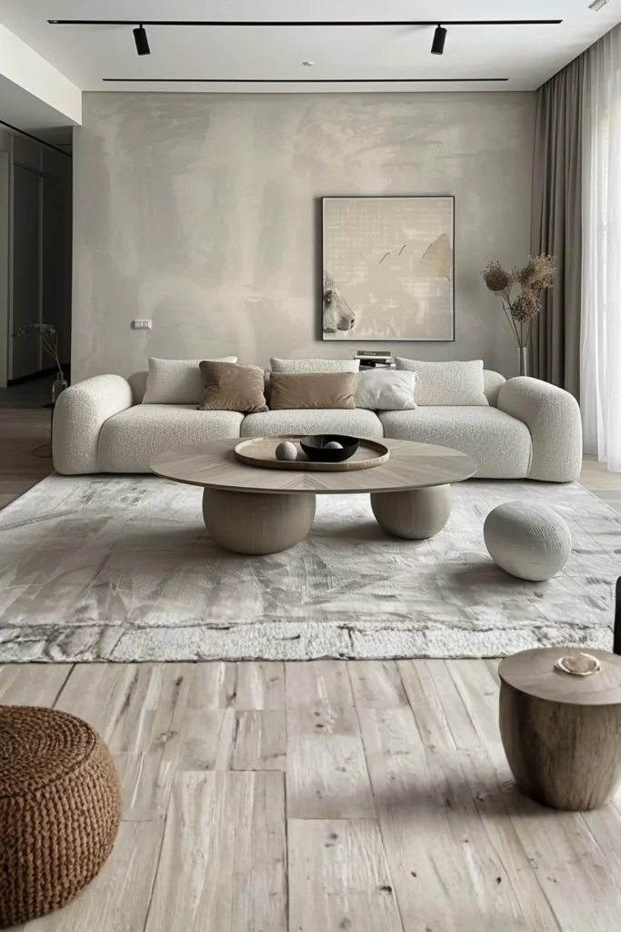 A clean and intentional living room layout featuring a home interior design modern minimalist style with a cream bouclé sofa, neutral tone decor, a low round wooden coffee table, and an abstract wall art piece.