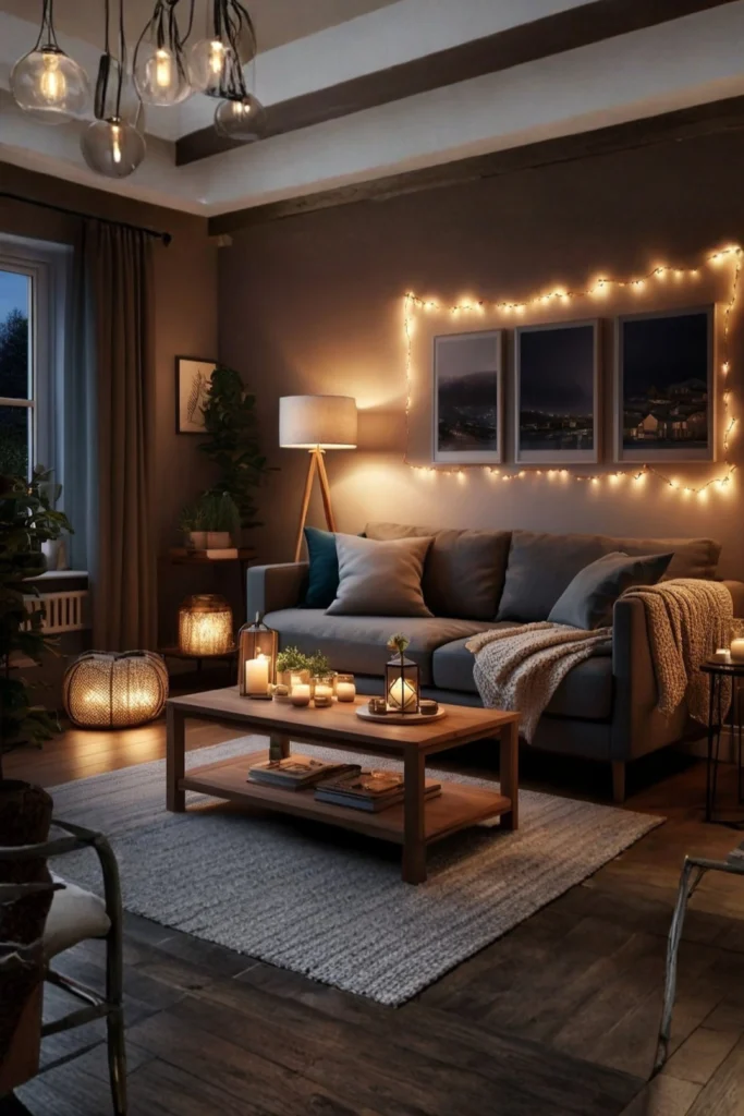 A cozy living room illuminated by warm, multi-level ambient lighting with a gray fabric sofa decorated with comfortable throws and pillows. The space showcases how to position your light sources at completely different heights throughout the room by combining a tall floor lamp with a wooden tripod base, glowing floor lanterns, candles on a wooden coffee table, and delicate mantel fairy lights framing wall art to wash your walls in a warm, amber glow instead of using harsh overhead lighting, as beautifully displayed in Multi-Level Ambient Lighting