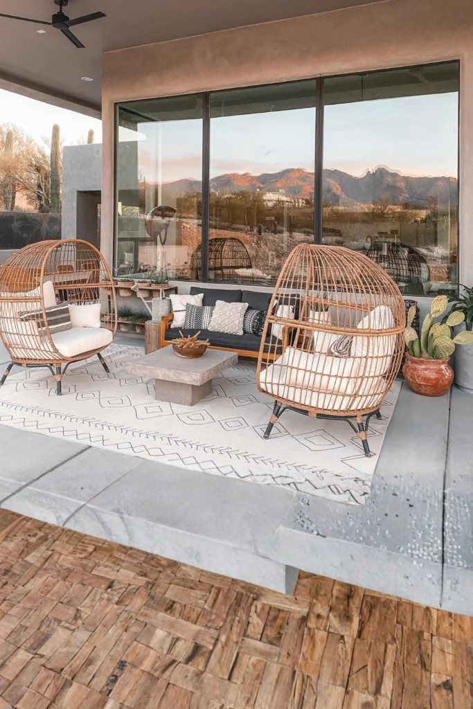 A covered modern patio setup with a black sofa, two large woven wicker egg chairs, a low concrete coffee table, and a geometric patterned outdoor rug, styled in front of large glass windows reflecting a desert mountain view.