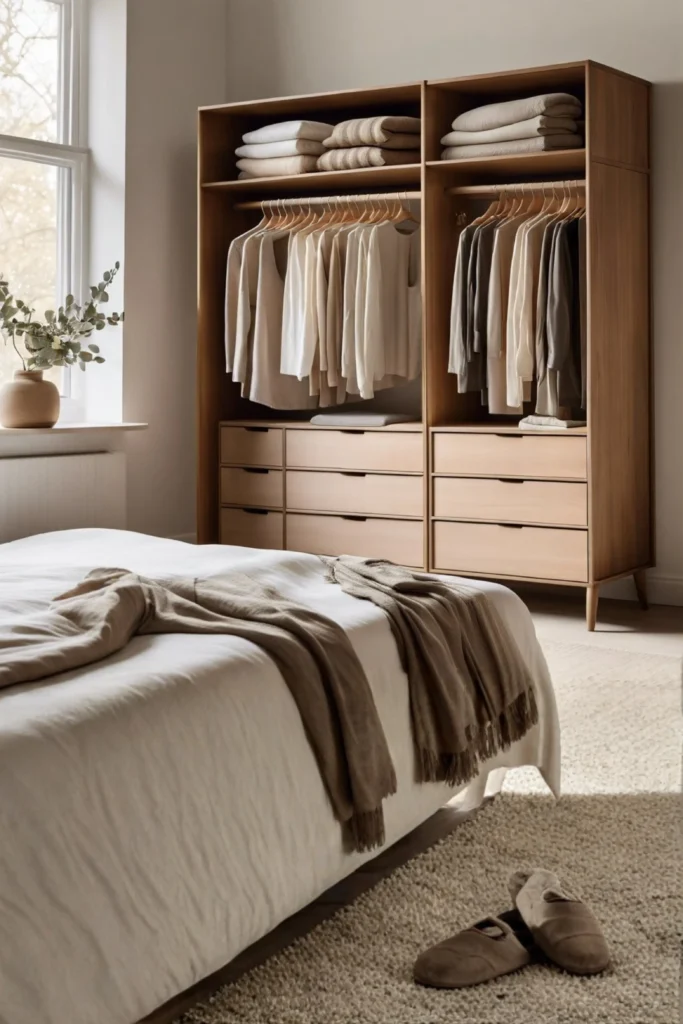 A cozy, sunlit bedroom showcasing a beautifully organized organic Nordic style wardrobe unit. In the background, a large freestanding light oak woodwork closet features open shelving with stacked neutral sweaters, garment rails holding cream and earthy-toned clothing on uniform hangers, and multiple built-in wooden drawers below. A bed layered with white linen bedding and a fringed taupe throw blanket sits in the foreground on a textured beige area rug, next to a window sill decorated with a ceramic vase and eucalyptus greenery.
