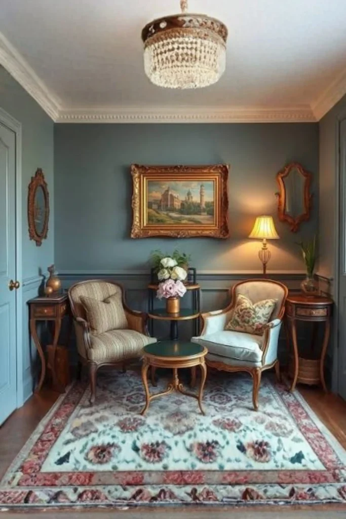 A beautifully balanced sitting area highlighting gray victorian modern decorating ideas. The image shows a soft muted gray-blue room with two vintage armchairs placed on an ornate floral patterned area rug. A large gold-framed oil painting hangs on the wall beneath elegant white crown molding, lit softly by a classic table lamp.
