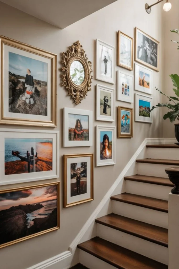 A sophisticated curated gallery wall along a wooden staircase, featuring mixed photography and art prints in elegant gold and white frames, centered around a vintage oval mirror.