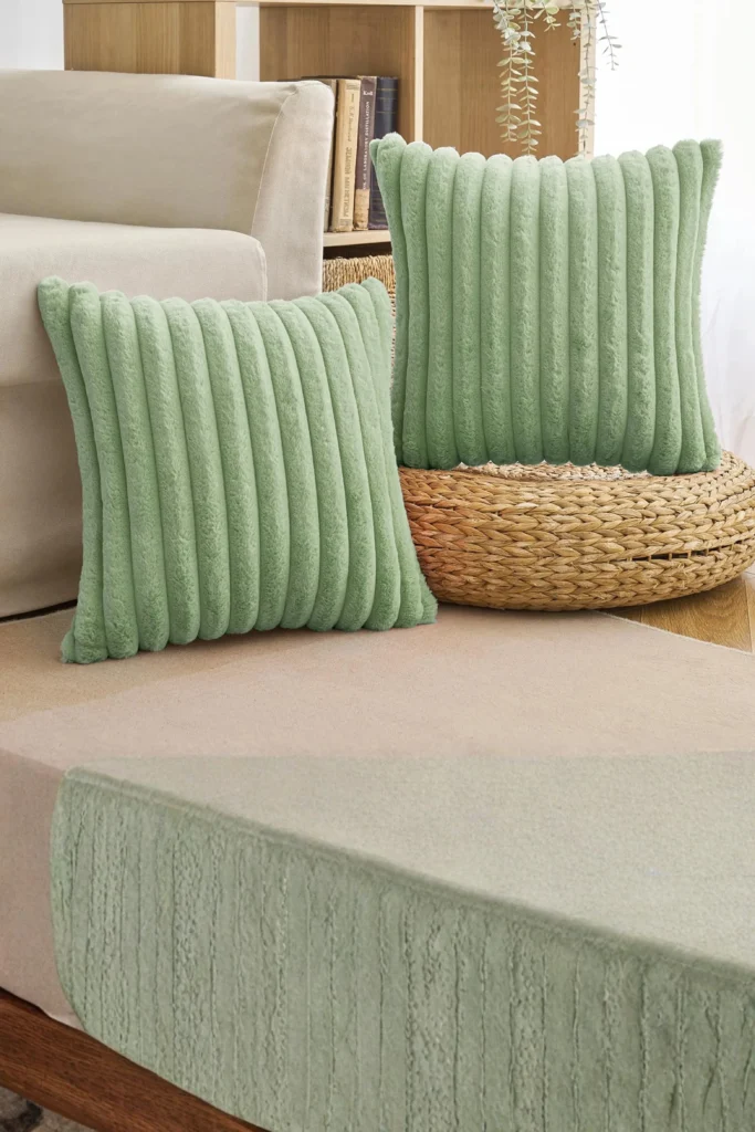 An inviting living room floor arrangement showcasing plush velvet cushions in a soft sage green earth tone. Two matching, heavily ribbed decorative throw pillows rest on a soft beige area rug next to a woven wicker pouf ottoman. The close-up view perfectly highlights how choosing velvet covers over lightweight cotton pillowcases adds a rich touch of luxury and tactile texture to a seasonal home setup.