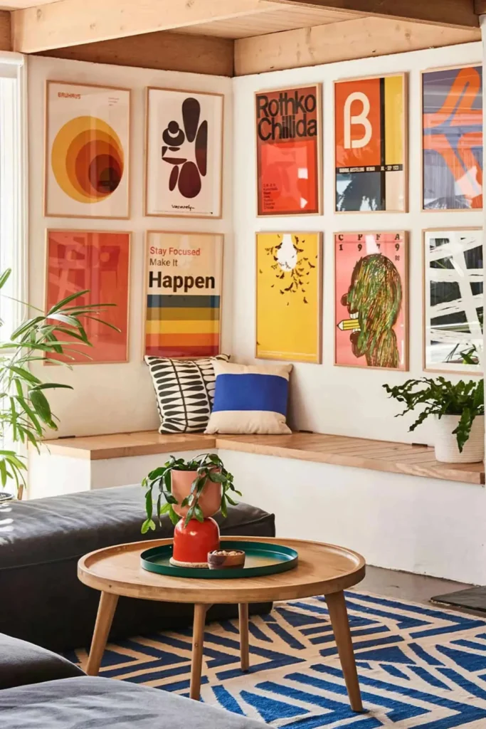 A cozy corner seating area showing easy ways to introduce subtle elements of Dopamine Decor & Moody Maximalism through small, high-impact changes. The setup features a built-in wooden corner bench with graphic throw pillows beneath a colorful mini gallery wall of framed mid-century modern and abstract art prints. In the foreground, a round wooden coffee table with a blue-and-white geometric rug completes the vibrant, personalized space.