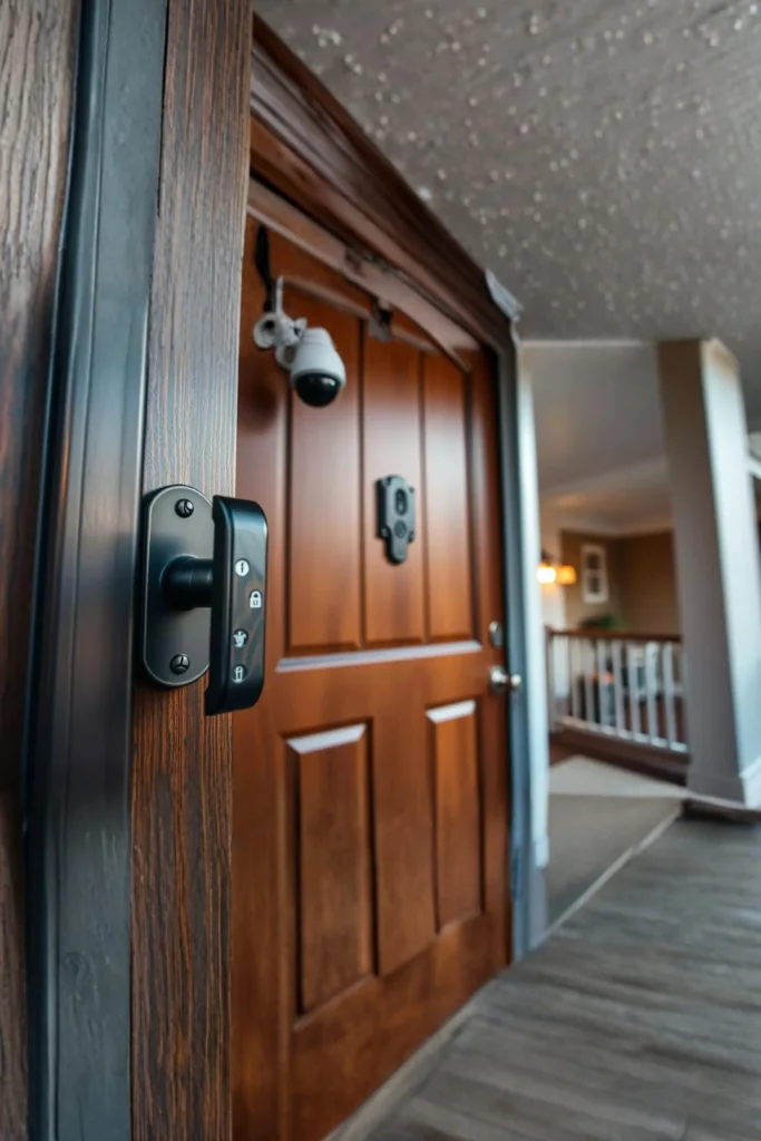 A close-up view of a reinforced dark wood-grained door frame with a heavy-duty matte black locking handle mechanism displaying security lock icons. In the background, a solid warm wood-paneled front door stands slightly open with a compact white dome security camera mounted above it, illustrating how replacing standard hardware with heavy-duty strike plates and 3-inch screws drastically increases an entryway's resistance to forced entry.