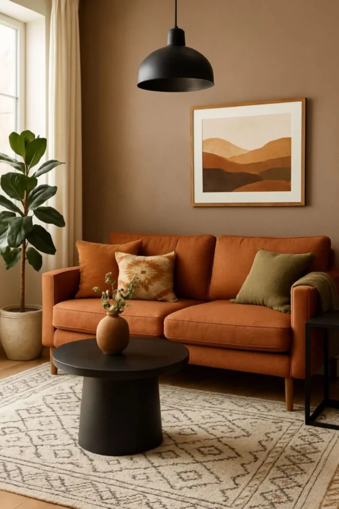 A warm and cozy living room featuring walls painted in a rich, grounded sandy ochre earth tone. A terracotta orange fabric sofa is styled with patterned and olive green throw pillows, sitting on a cream-colored geometric rug next to a large potted fiddle-leaf fig plant and airy linen curtains. A modern black round coffee table with an earthy vase sits in the foreground, below a framed desert landscape art piece that beautifully highlights your update living room ideas paint colors.
