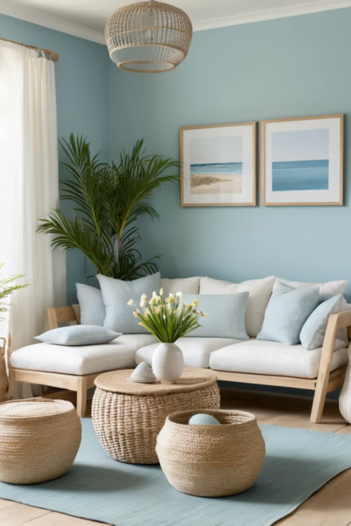 A coastal-inspired living space designed as a peaceful sanctuary, featuring walls painted in a serene, dusty blue-gray. A light wood sectional sofa with crisp white cushions and soft blue throw pillows sits on a matching light blue area rug. In front, woven rattan baskets and a round coffee table with a white vase of flowers add texture, beneath two framed ocean prints and a woven pendant light, showcasing relaxing wall design ideas living room home decor paint colors ideas.
