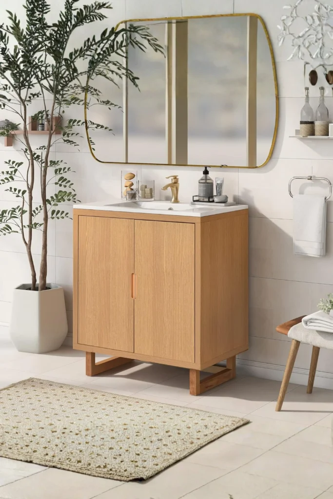 An elegant bathroom featuring a light wood compact vanity with sleek paneled decorative doors on a stylish wooden base. A white countertop sink sits on top with a brushed gold faucet, paired with a large gold-framed irregular rectangular mirror above it. The bright entryway is decorated with a tall potted plant, a patterned cream bath mat, and a small wooden accent stool, providing perfect inspiration for anyone looking into small bathroom vanity ideas diy projects to add architectural interest.