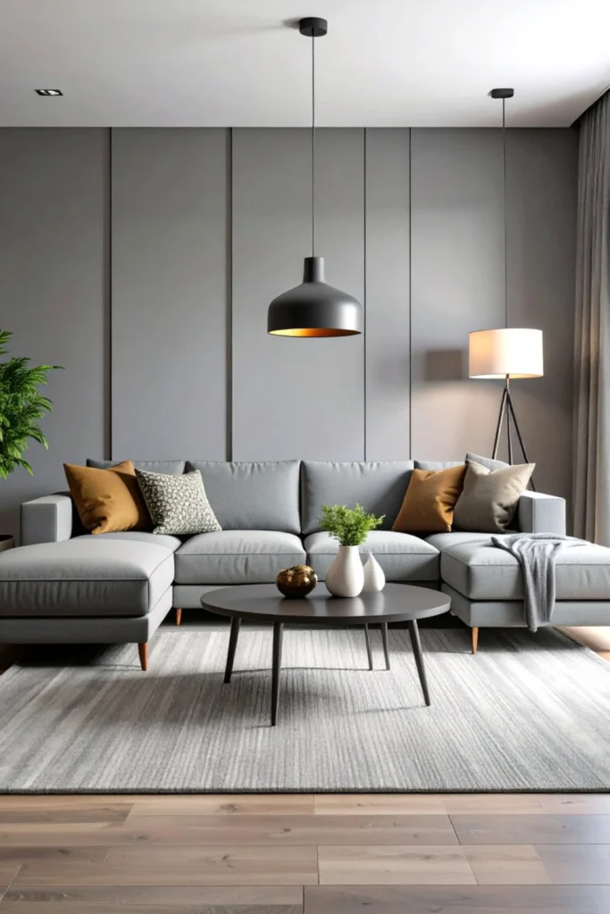 A sophisticated, contemporary living room featuring a dramatic accent wall painted in deep charcoal gray with sleek vertical line paneling. A large gray sectional sofa with mustard yellow and patterned throw pillows sits on a striped gray area rug, centered around a dark round coffee table. A matte black pendant light with a gold interior hangs above, complemented by a warm tripod floor lamp that creates an intimate, high-end sanctuary highlighting modern gray living room ideas paint colors.