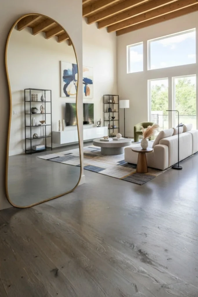 A spacious modern living room layout amplified by an oversized asymmetrical large statement mirror with a gold frame leaning against the wall to bounce natural light across the room.