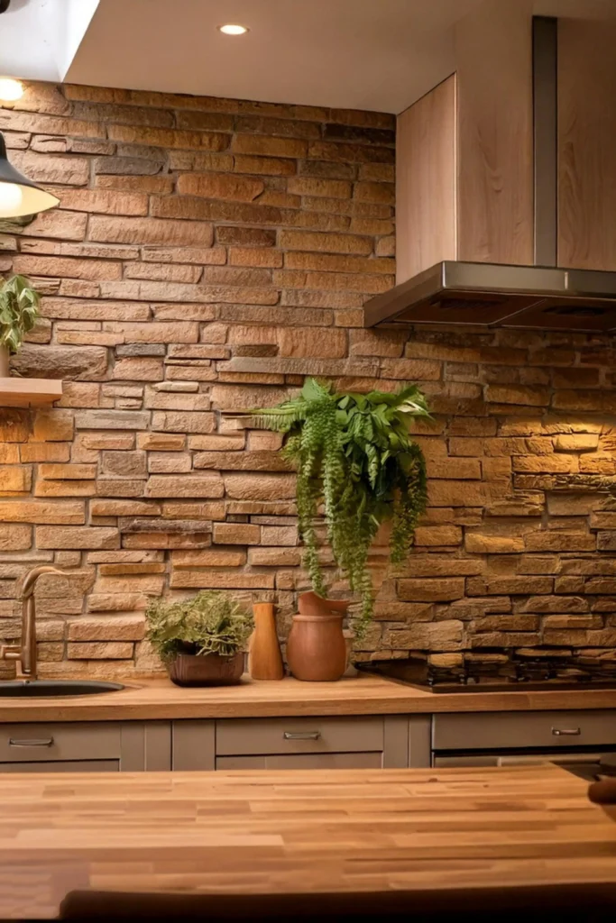 A warm, rustic kitchen showcasing a full-height earthy brick backsplash trends 2026 wall made of textured, stacked terracotta stone layers. Lush green hanging ferns and potted plants sit on a light wood countertop next to a built-in stovetop and kitchen sink with a gold faucet. The organic, natural stone wall design is complemented by modern gray cabinets and a sleek stainless steel range hood, bringing a cozy Mediterranean outdoor feel indoors.