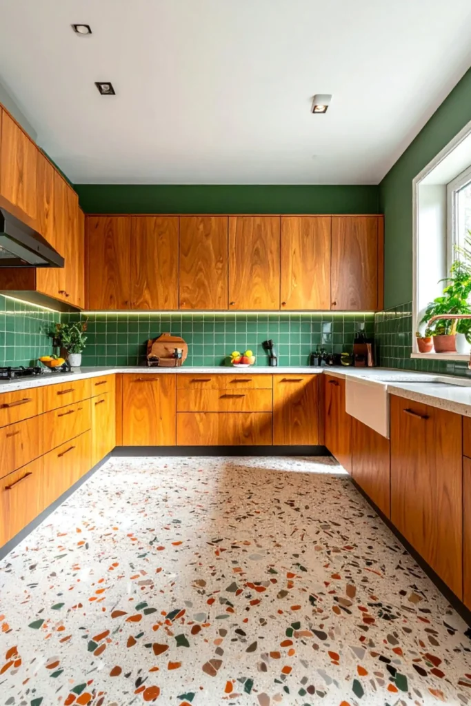 A vibrant, mid-century modern kitchen featuring a bold macro terrazzo floor with colorful stone and glass chips that bring multiple accent tones into the space. The room is designed with warm wood grain cabinetry, crisp white countertops with a farmhouse apron sink, and a contrasting sage green square tile backsplash with matching green upper walls. This playful yet refined composite material layout achieves perfect color cohesion with the surrounding natural wood and earthy green elements.