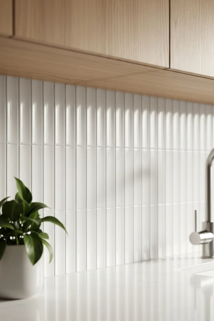 A close-up of a modern kitchen counter highlighting a three-dimensional white ribbed and fluted tile backsplash with vertical, rounded ridges that catch shifting natural light and shadows. The tactile, structured wall panel design sits beneath warm, light-colored wood cabinets, accenting a clean white countertop. A small potted green plant sits on the left, and a modern brushed steel faucet is partially visible on the right, showcasing a popular style from recent backsplash trends bathroom and kitchen designs.