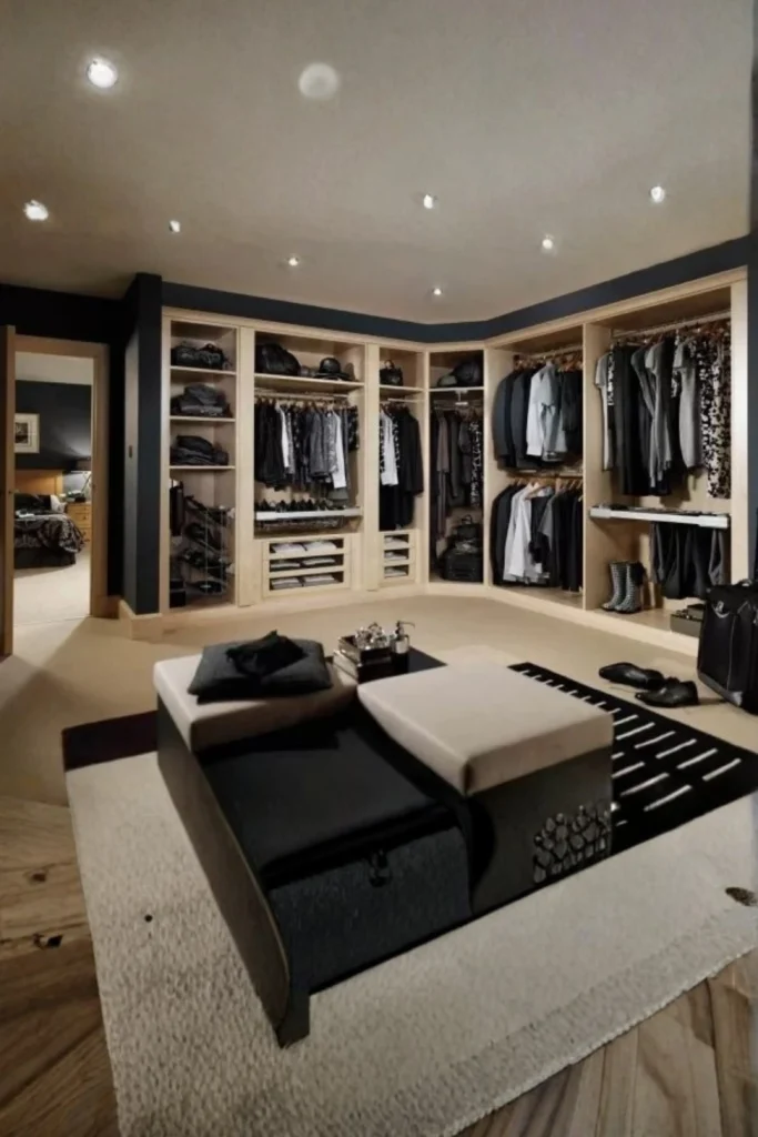 A spacious master walk-in wardrobe showcasing a monochrome edge clothing room design type for the ultimate minimalist purist. The open-front wooden cabinetry wraps around deep black walls, illuminated by precise recessed ceiling spotlights that highlight neatly organized zones of dark, monochrome garments, folded clothes, shoes, and luggage bags. In the center of the beige carpeted floor sits a modern black and cream modular storage ottoman island, styled with a tray and dark pillows on a matching black and white accent rug.