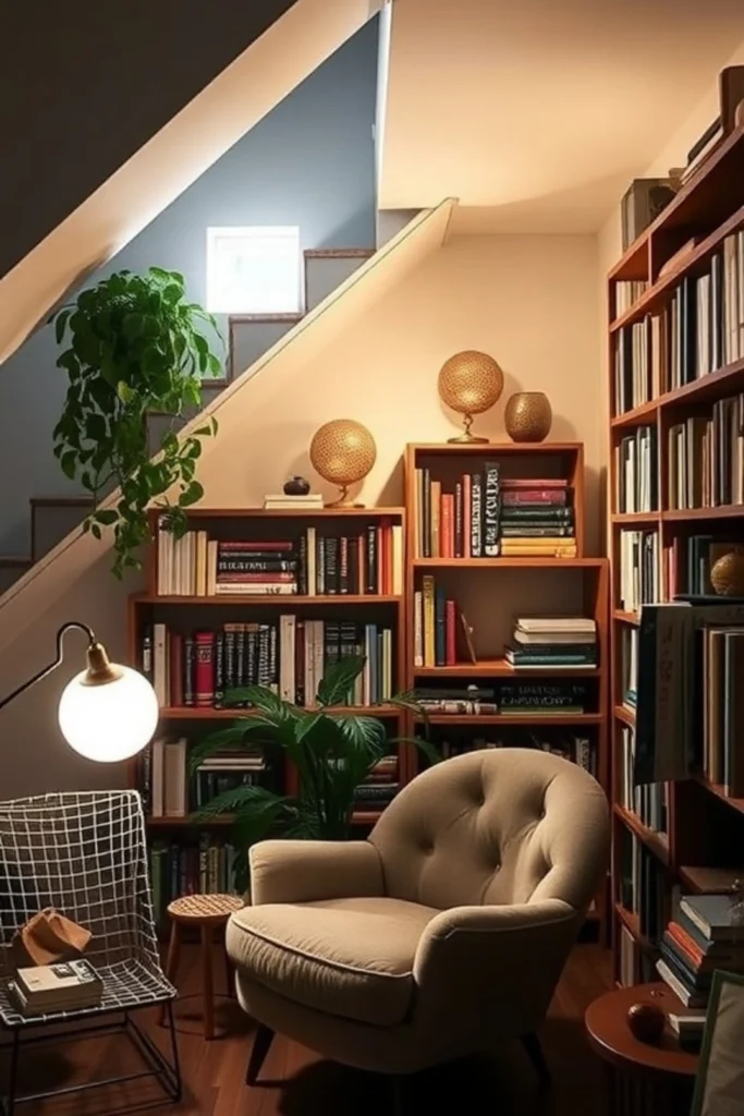 A cozy under-stairs library setup showcasing clever home book library ideas to utilize wasted space. The unique architectural feature has custom-built wooden shelves stacked to fit the sloped angle of the staircase, filled densely with books. A plush tufted armchair sits in the foreground with a hanging green plant above, and a modern floor lamp on the side, showing a perfect, comfortable reading sanctuary built into awkward square footage.